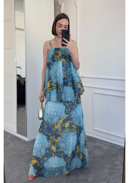 Desenli Askılı Fırfırlı Şifon Elbise- Mavi