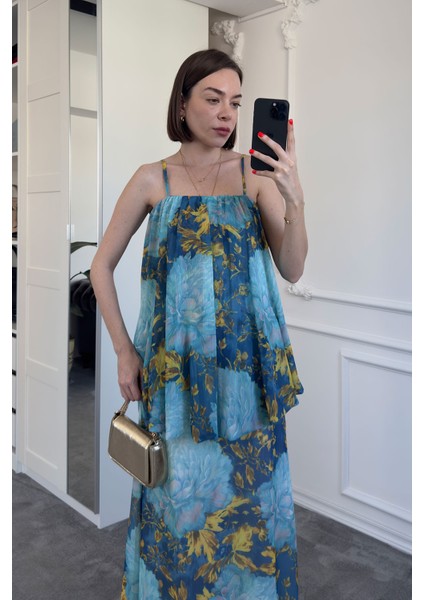 Desenli Askılı Fırfırlı Şifon Elbise- Mavi