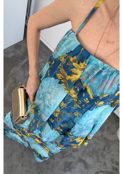 Desenli Askılı Fırfırlı Şifon Elbise- Mavi