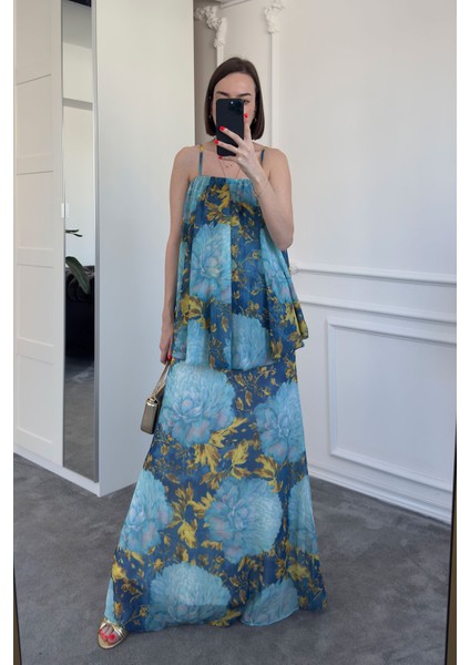 Desenli Askılı Fırfırlı Şifon Elbise- Mavi