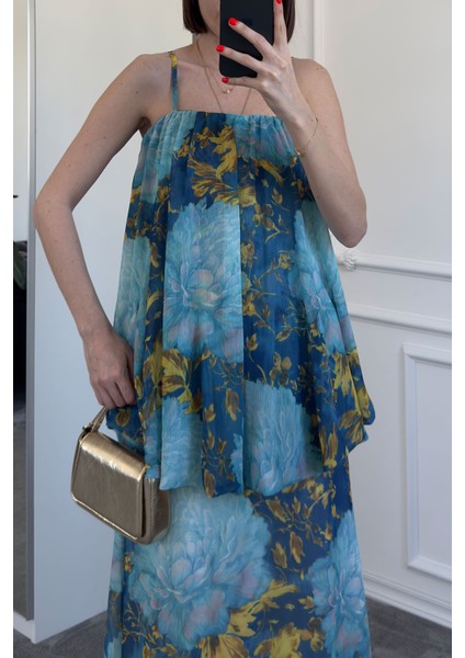 Desenli Askılı Fırfırlı Şifon Elbise- Mavi