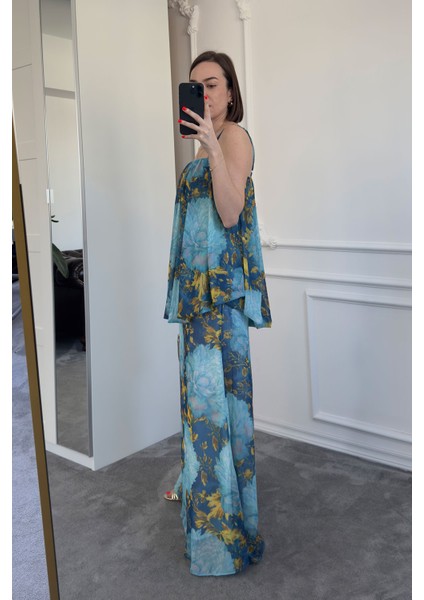 Desenli Askılı Fırfırlı Şifon Elbise- Mavi