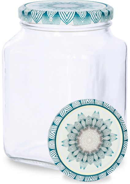 Home Kapak Hediyeli 1600 ml Kare Kavanoz - Yeşil Çini Kapaklı