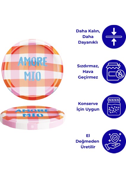 Hijyenik Paketli 10 Adet Kavanoz Kapağı Dolce Vita Desenler 82 mm - Amore Mio Pembe
