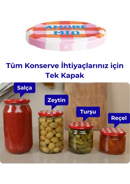 Hijyenik Paketli 10 Adet Kavanoz Kapağı Dolce Vita Desenler 82 mm - Amore Mio Pembe