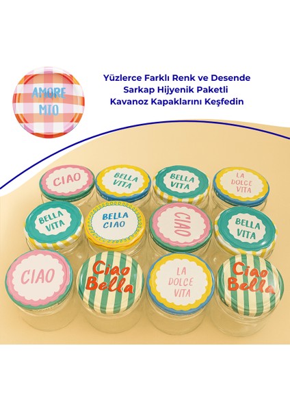 Hijyenik Paketli 10 Adet Kavanoz Kapağı Dolce Vita Desenler 82 mm - Amore Mio Pembe