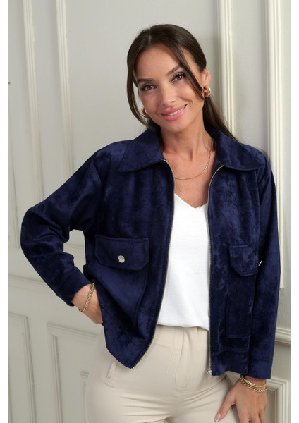 Kadın Torba Cepli Önü Fermuarlı Süet Mont