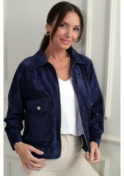 Kadın Torba Cepli Önü Fermuarlı Süet Mont modelleri