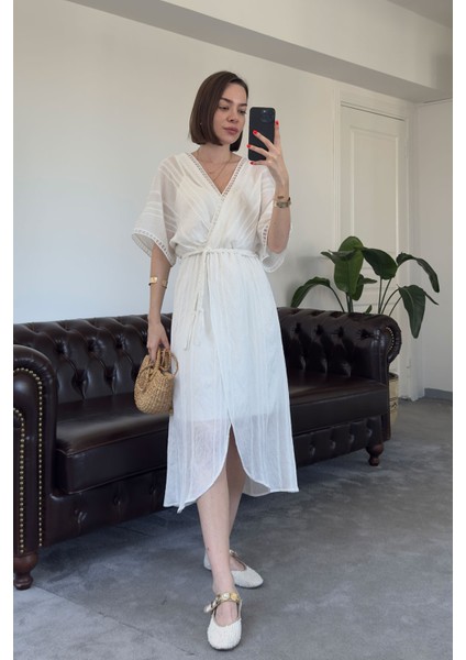 Kruvaze Yaka Örgü Kemerli Tasarım Keten Elbise- Beyaz