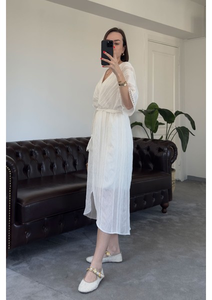 Kruvaze Yaka Örgü Kemerli Tasarım Keten Elbise- Beyaz