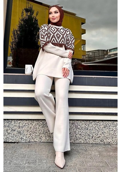 Fırfırlı Bej Triko Tunik Pantolon Ikili Takım