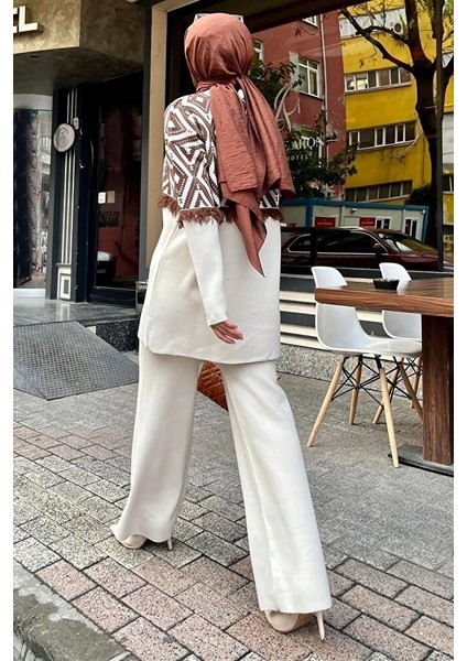 Fırfırlı Bej Triko Tunik Pantolon Ikili Takım fiyatları