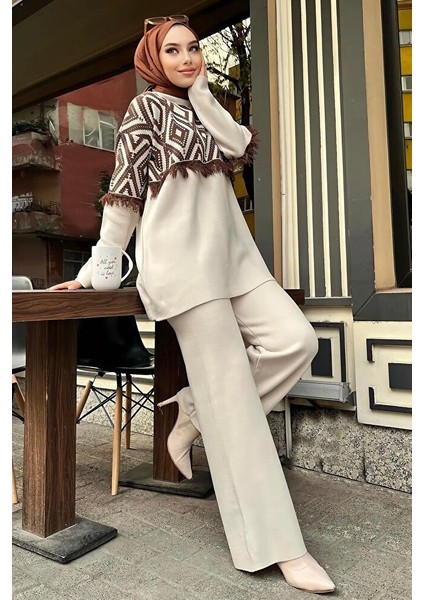Fırfırlı Bej Triko Tunik Pantolon Ikili Takım modelleri