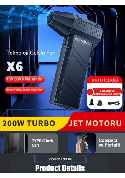 Turbo Jet Fan 130.000 Rpm 2 Başlıklı Toz Üfleme Kurutma ve Süpürge Makine Temizleme Fan 52/sn