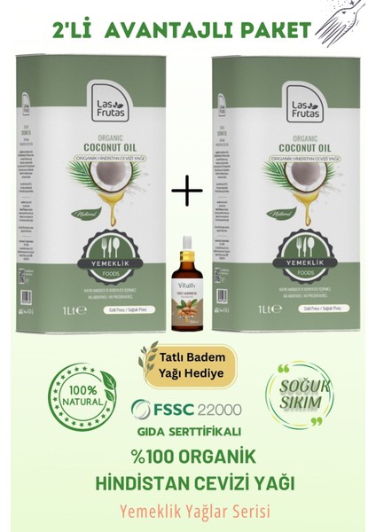 Organik Yemeklik Hindistan Cevizi Yağı 1 Litre 2'li Doğal & Soğuk Sıkım