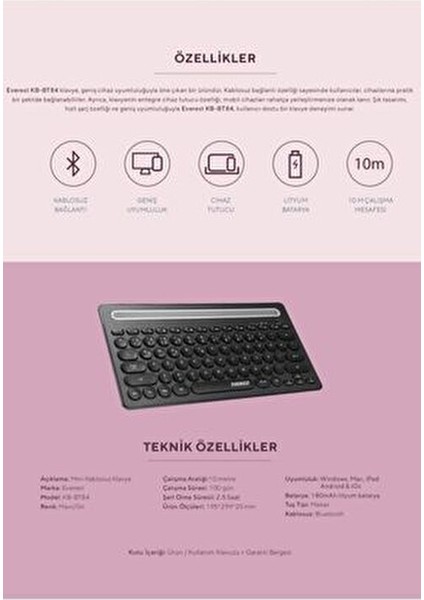 Bluetooth Kablosuz Klavye Ultra İnce Q Türkçe Dili Ev Ofis Kullanımı İçin