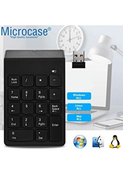 18 Tuşlu Kablosuz Nümerik Klavye Ultra-Slim Tasarım ile Siyah Renk