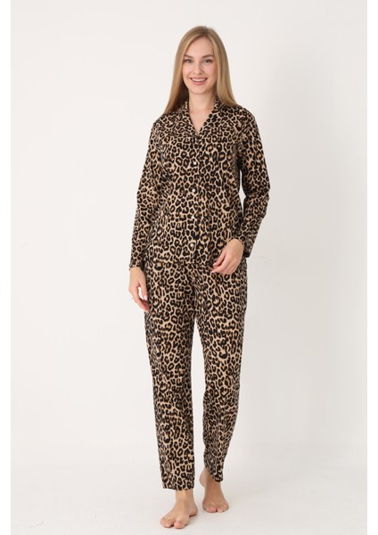 Kadın Leopar Desenli Uzun Kollu Önden Düğmeli Pijama Takım 68255 fiyatları