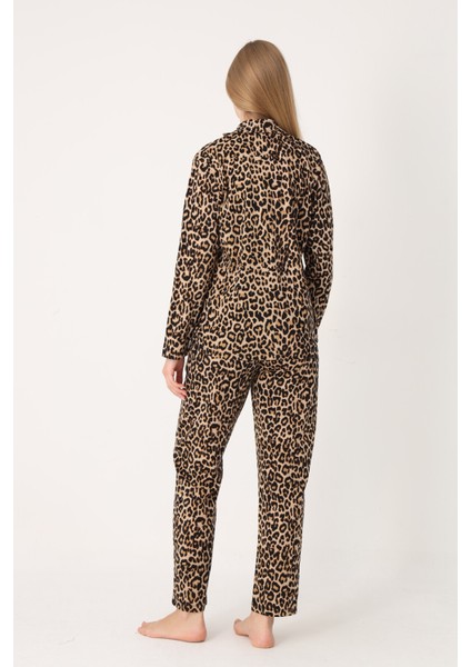 Kadın Leopar Desenli Uzun Kollu Önden Düğmeli Pijama Takım 68255 modelleri
