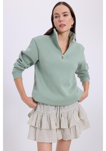 Kadın Relax Fit Rahat Kesim Pamuklu Içi Polarlı Yarım Fermuarlı Yeşil Dik Yaka Sweatshirt fırsatları