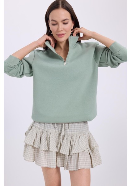 Kadın Relax Fit Rahat Kesim Pamuklu Içi Polarlı Yarım Fermuarlı Yeşil Dik Yaka Sweatshirt indirimleri