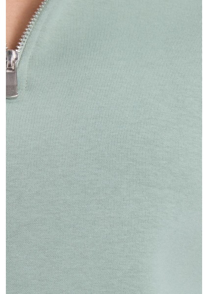 Kadın Relax Fit Rahat Kesim Pamuklu Içi Polarlı Yarım Fermuarlı Yeşil Dik Yaka Sweatshirt