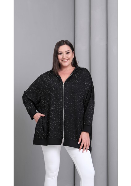 Kadın Büyük Beden Taş Baskılı Fermuarlı Siyah Sweatshitt