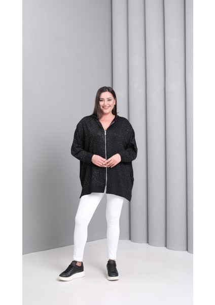 Kadın Büyük Beden Taş Baskılı Fermuarlı Siyah Sweatshitt fiyatları