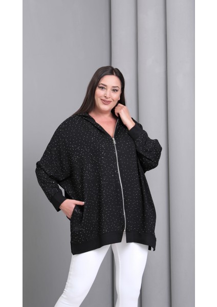 Kadın Büyük Beden Taş Baskılı Fermuarlı Siyah Sweatshitt modelleri
