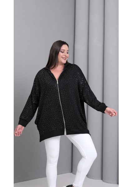 Kadın Büyük Beden Taş Baskılı Fermuarlı Siyah Sweatshitt fırsatları