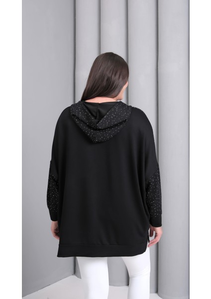 Kadın Büyük Beden Taş Baskılı Fermuarlı Siyah Sweatshitt indirimleri