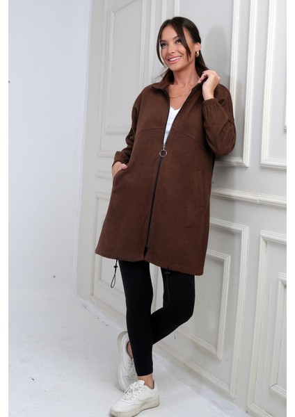 Kadın Önü Fermuarlı Altı Lastikli Cepli Uzun Kaşe Mont