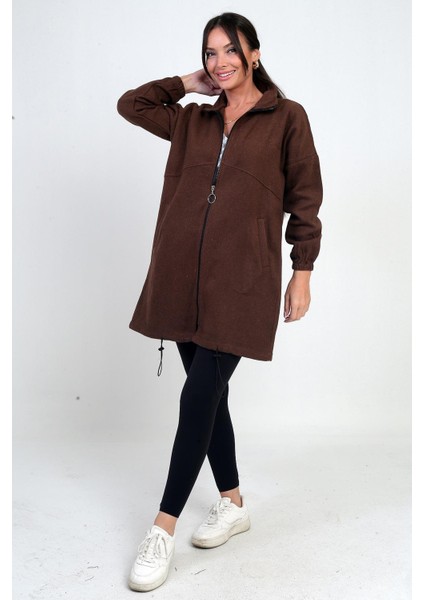 Kadın Önü Fermuarlı Altı Lastikli Cepli Uzun Kaşe Mont fiyatları