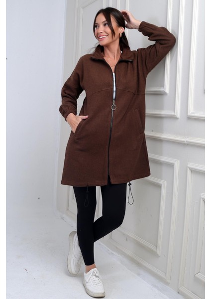 Kadın Önü Fermuarlı Altı Lastikli Cepli Uzun Kaşe Mont modelleri