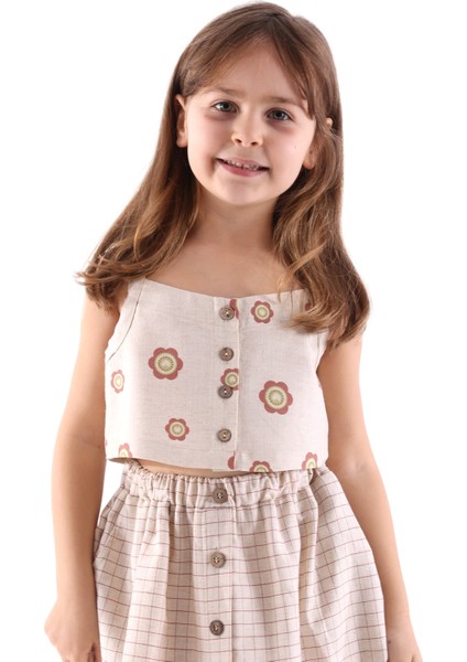 Çiçek Desenli Askılı Yazlık Kız Çocuk Crop Bluz