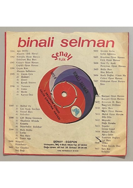 Binali Selman Diyarbakır Oyun Havası - Üç Ayak - Erzurum Kürdo -Gelin Çıkartma Havası 45 Lik Plak (Orjinal Dönem Baskı) fiyatları