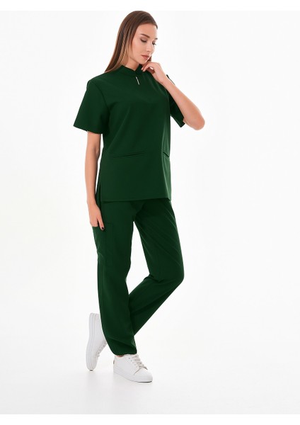Ünisex Likralı Haki Yeşil Takma Kol Fermuar Detaylı Cerrahi Takım Scrubs Üniforma Cerrahi Forma