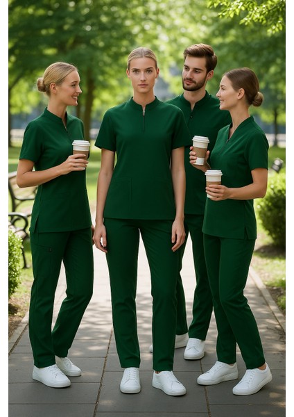Ünisex Likralı Haki Yeşil Takma Kol Fermuar Detaylı Cerrahi Takım Scrubs Üniforma Cerrahi Forma modelleri
