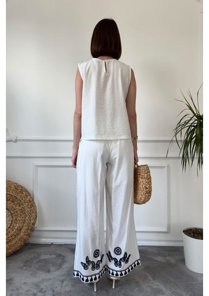 Önü ve Pantolonu Nakışlı Premium Keten Takım- Beyaz