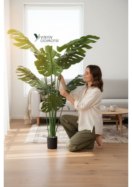 14 Dallı Iri Yapraklı Islak Dokulu Lüks Yapay Monstera Deve Tabanı Ağacı