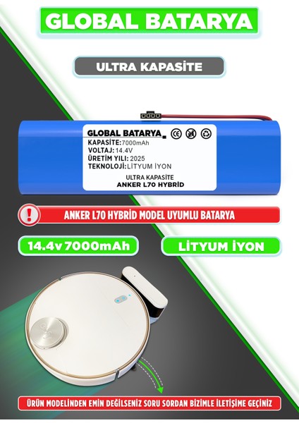 Anker Eufy Robovac L70 Hybrid Uyumlu Akıllı Robot Süpürge Bataryası 14.4V 7000MAH Li-Ion Pil (Ultra Kapasite)