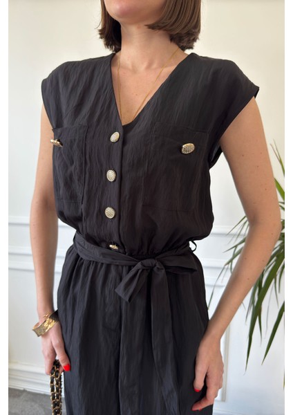 Safari Model Kırışık Sıfır Kol Tulum- Siyah