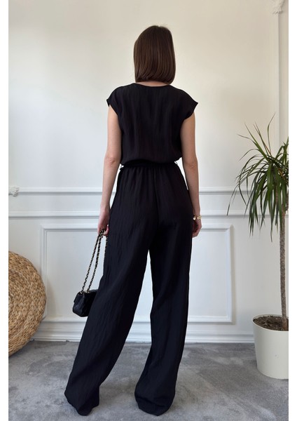 Safari Model Kırışık Sıfır Kol Tulum- Siyah