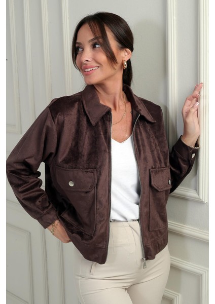 Kadın Torba Cepli Önü Fermuarlı Süet Mont