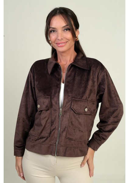 Kadın Torba Cepli Önü Fermuarlı Süet Mont modelleri