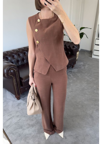 Asitmerik Yelekli Premium Keten Takım- Kahverengi