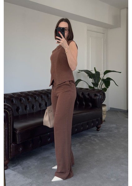 Asitmerik Yelekli Premium Keten Takım- Kahverengi