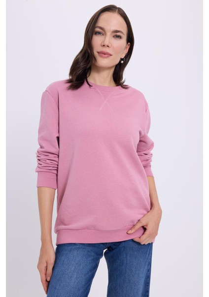 Kadın Oversize Geniş Kesim %100 Pamuk Basic Lila Bisiklet Yaka Sweatshirt