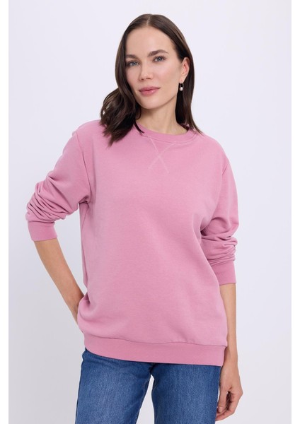 Kadın Oversize Geniş Kesim %100 Pamuk Basic Lila Bisiklet Yaka Sweatshirt fiyatları