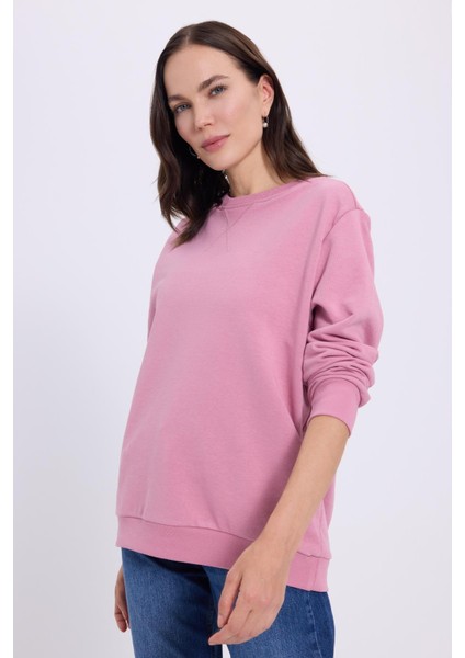 Kadın Oversize Geniş Kesim %100 Pamuk Basic Lila Bisiklet Yaka Sweatshirt indirimleri